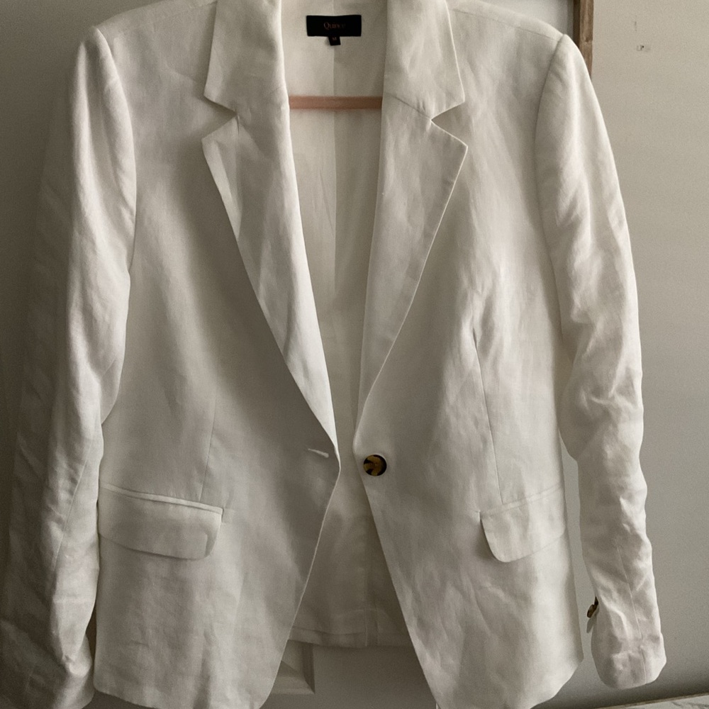 Quince White Single-Button Linen-Blend Blazer